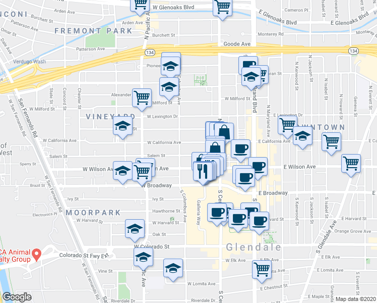 map of restaurants, bars, coffee shops, grocery stores, and more near 345 Salem Street in Glendale