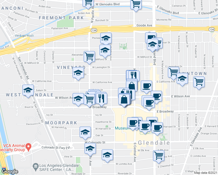 map of restaurants, bars, coffee shops, grocery stores, and more near 401 Salem Street in Glendale