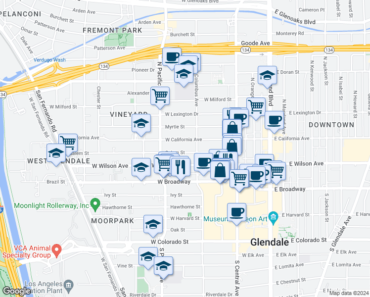 map of restaurants, bars, coffee shops, grocery stores, and more near 439 Salem Street in Glendale