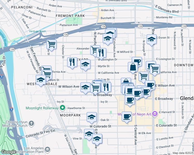 map of restaurants, bars, coffee shops, grocery stores, and more near 469 Salem Street in Glendale