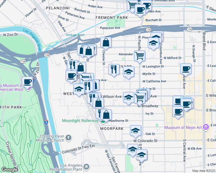 map of restaurants, bars, coffee shops, grocery stores, and more near 653 Salem Street in Glendale