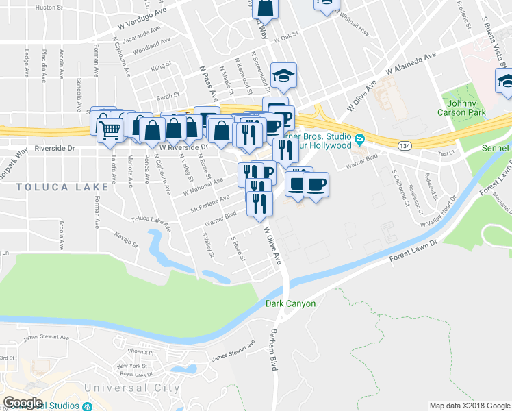 map of restaurants, bars, coffee shops, grocery stores, and more near 4100 Warner Boulevard in Burbank