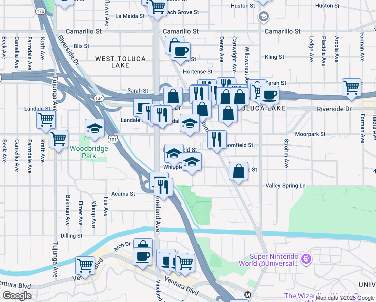 map of restaurants, bars, coffee shops, grocery stores, and more near 10878 Bloomfield Street in Los Angeles