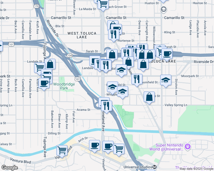 map of restaurants, bars, coffee shops, grocery stores, and more near 10942 Bloomfield Street in Los Angeles