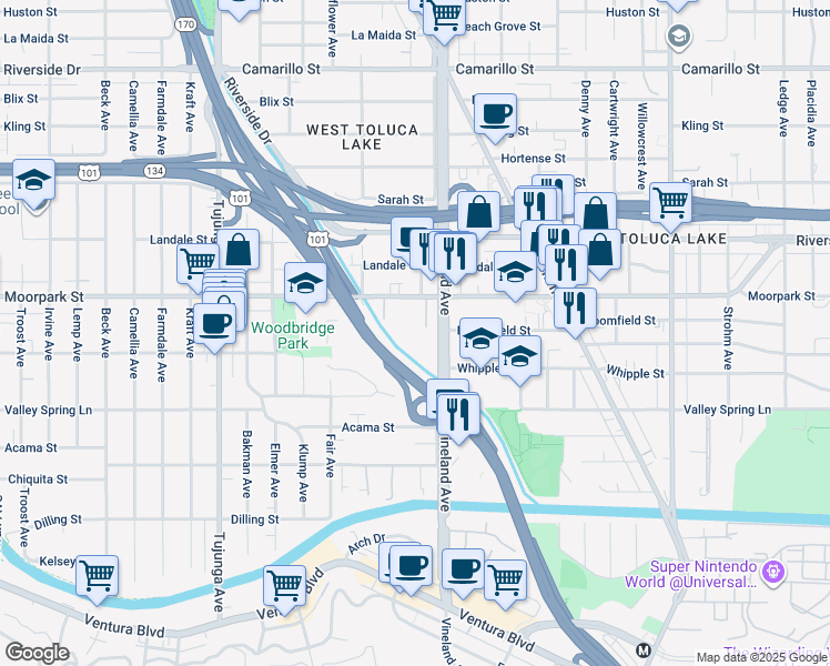 map of restaurants, bars, coffee shops, grocery stores, and more near 4335 Vineland Avenue in Los Angeles