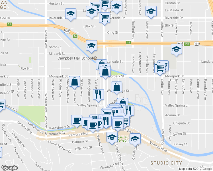 map of restaurants, bars, coffee shops, grocery stores, and more near 4312 Laurel Canyon Boulevard in Los Angeles