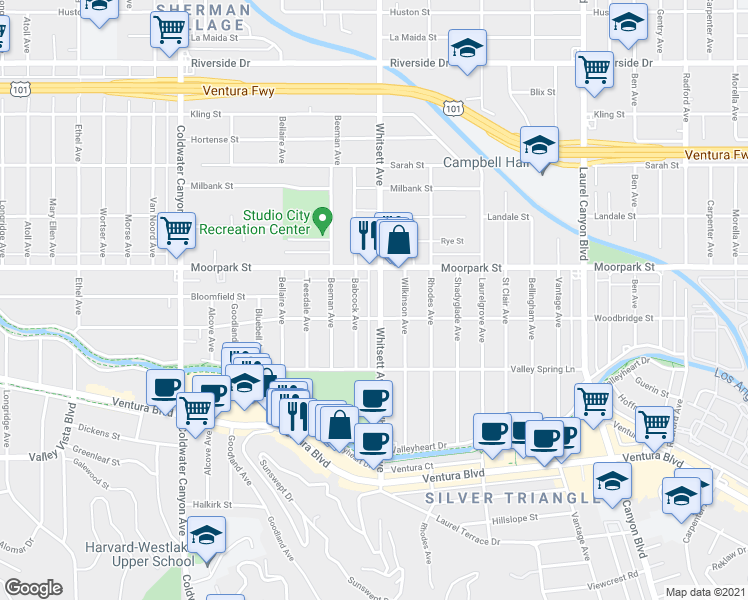 map of restaurants, bars, coffee shops, grocery stores, and more near 4307 Whitsett Avenue in Los Angeles