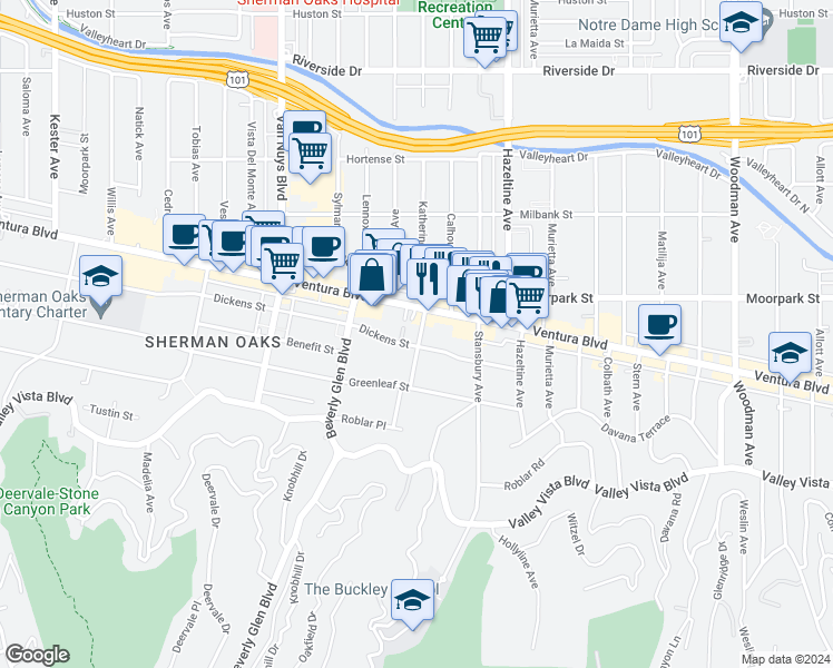 map of restaurants, bars, coffee shops, grocery stores, and more near 14225 Dickens Street in Los Angeles