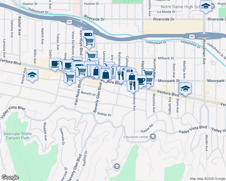 map of restaurants, bars, coffee shops, grocery stores, and more near 14275 Dickens Street in Los Angeles