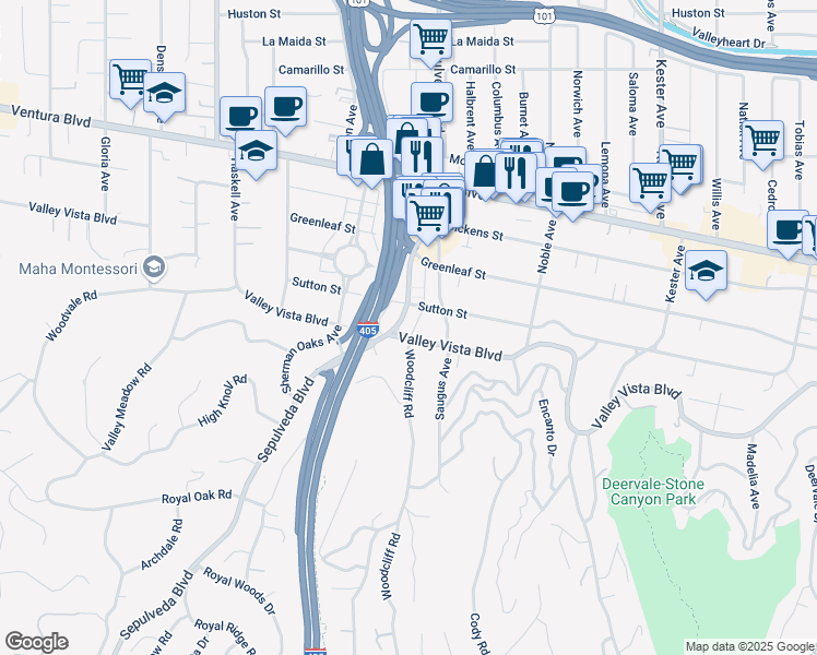 map of restaurants, bars, coffee shops, grocery stores, and more near 15289 Valley Vista Boulevard in Los Angeles