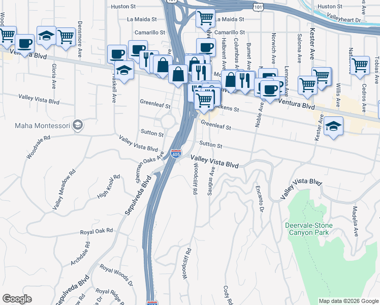 map of restaurants, bars, coffee shops, grocery stores, and more near 4351 Sepulveda Boulevard in Los Angeles