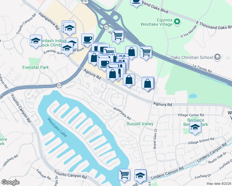 map of restaurants, bars, coffee shops, grocery stores, and more near 2885 Instone Court in Westlake Village