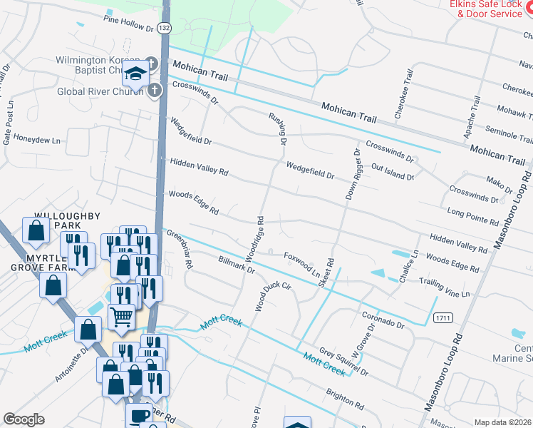 map of restaurants, bars, coffee shops, grocery stores, and more near 5423 Woodridge Road in Wilmington