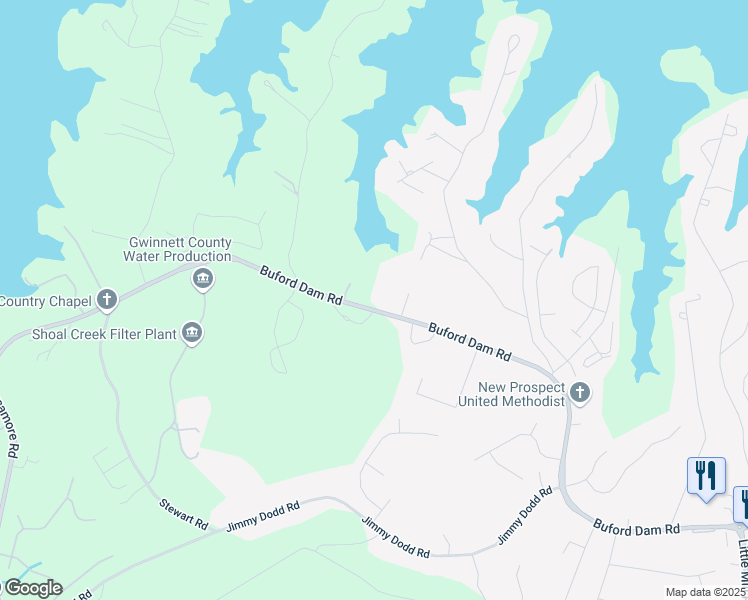 map of restaurants, bars, coffee shops, grocery stores, and more near 1892 Buford Dam Road in Buford