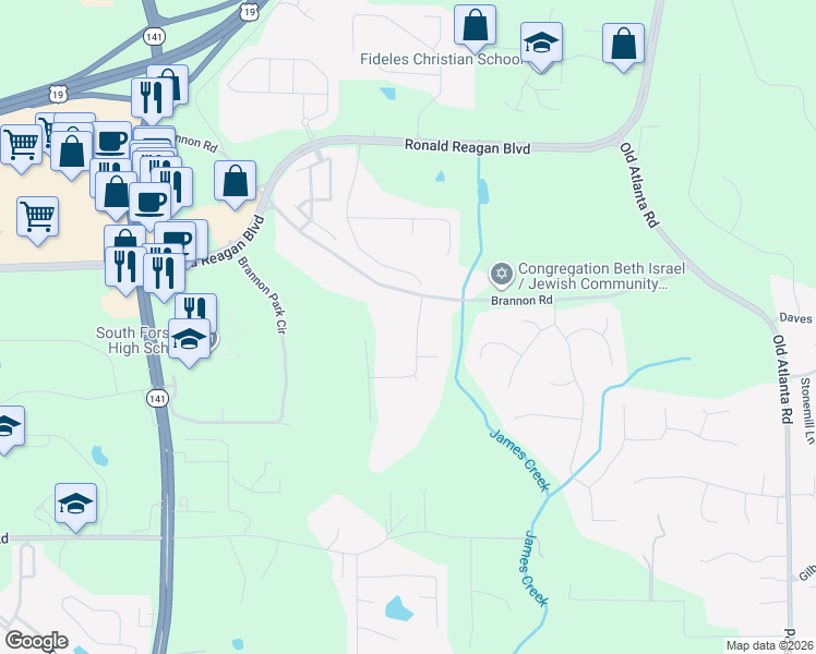 map of restaurants, bars, coffee shops, grocery stores, and more near 760 Brannon Oaks Lane in Cumming