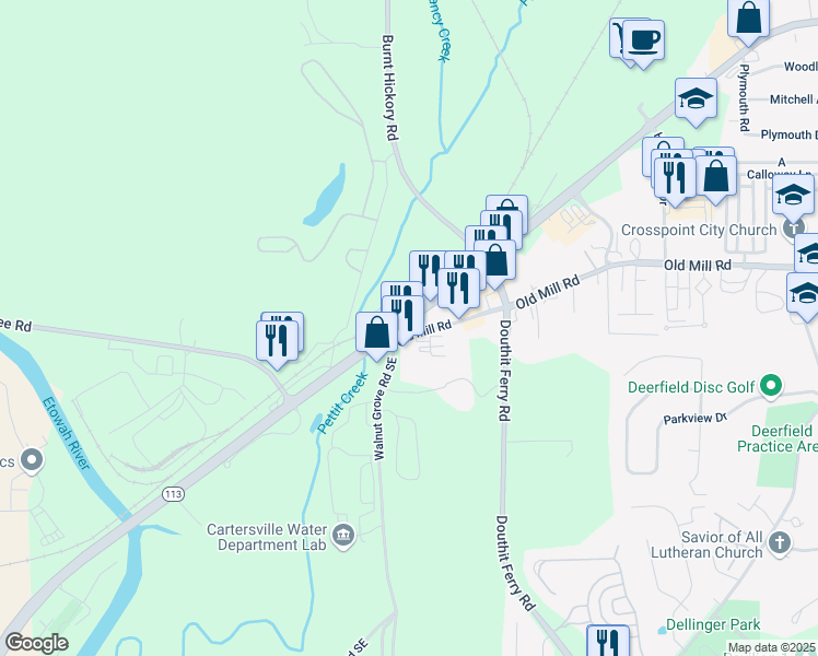 map of restaurants, bars, coffee shops, grocery stores, and more near 1240 West Avenue in Cartersville