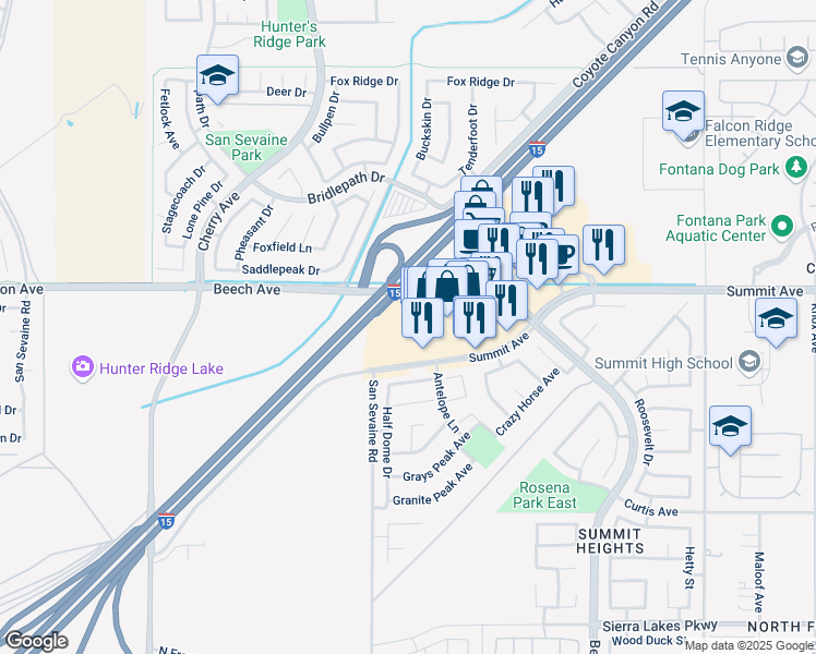 map of restaurants, bars, coffee shops, grocery stores, and more near 14960 Summit Avenue in Fontana