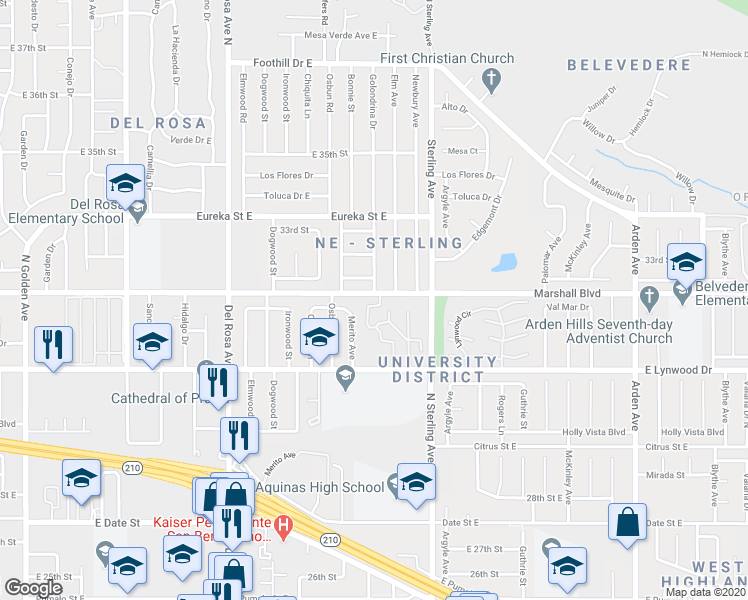 map of restaurants, bars, coffee shops, grocery stores, and more near 1905 Marshall Boulevard in San Bernardino