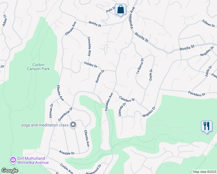 map of restaurants, bars, coffee shops, grocery stores, and more near 4351 Vanalden Avenue in Los Angeles