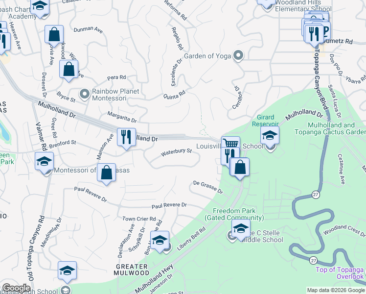 map of restaurants, bars, coffee shops, grocery stores, and more near 22587 Waterbury Street in Los Angeles