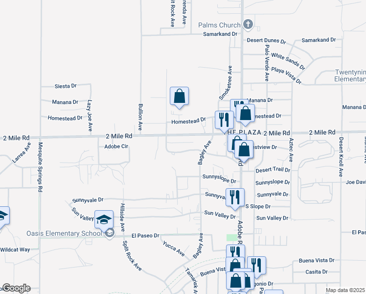 map of restaurants, bars, coffee shops, grocery stores, and more near 73482 Desert Trail Drive in Twentynine Palms