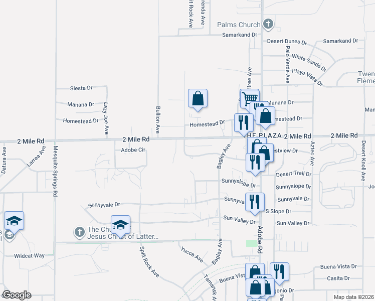 map of restaurants, bars, coffee shops, grocery stores, and more near 73414 Desert Trail Drive in Twentynine Palms