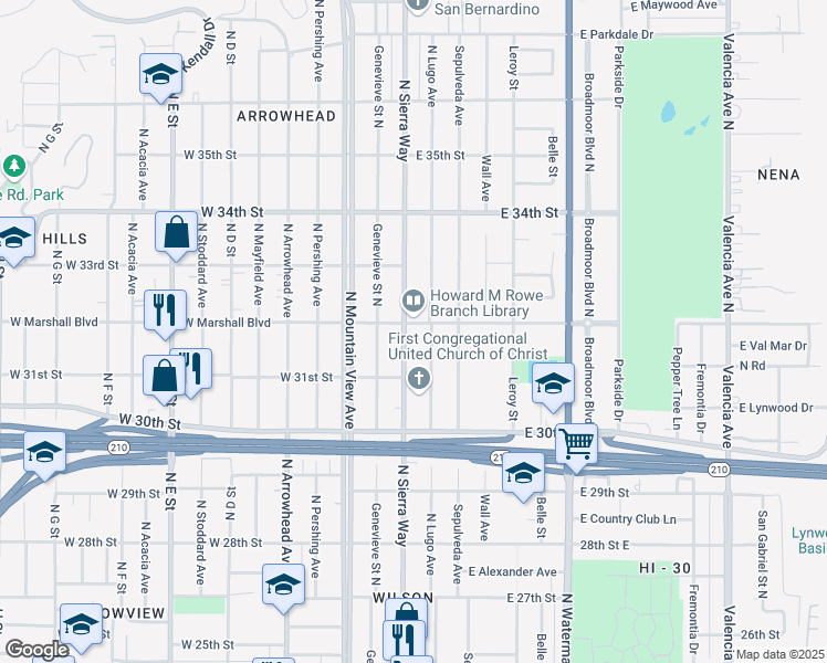 map of restaurants, bars, coffee shops, grocery stores, and more near 3171 North Sierra Way in San Bernardino