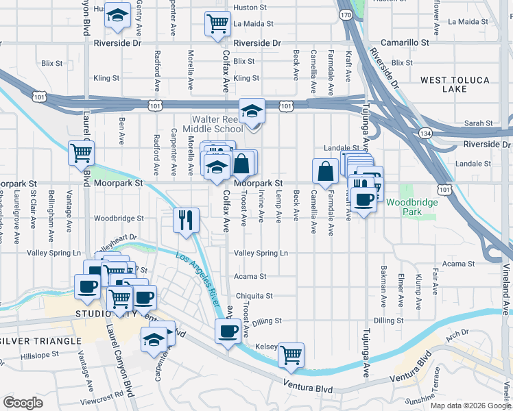 map of restaurants, bars, coffee shops, grocery stores, and more near 4357 Irvine Avenue in Los Angeles