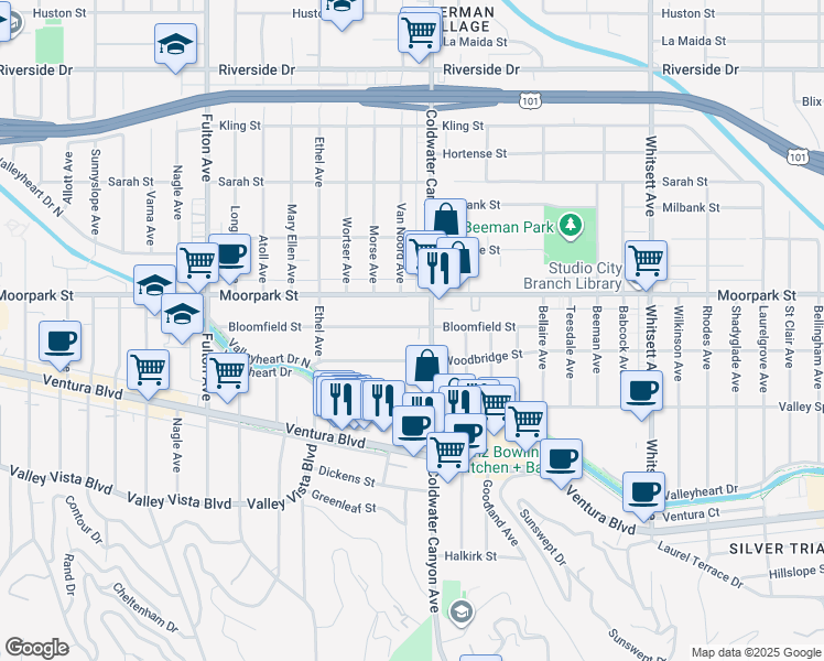 map of restaurants, bars, coffee shops, grocery stores, and more near 12918 Bloomfield Street in Los Angeles