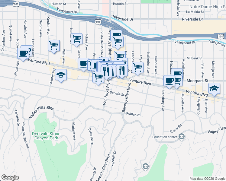 map of restaurants, bars, coffee shops, grocery stores, and more near in Los Angeles