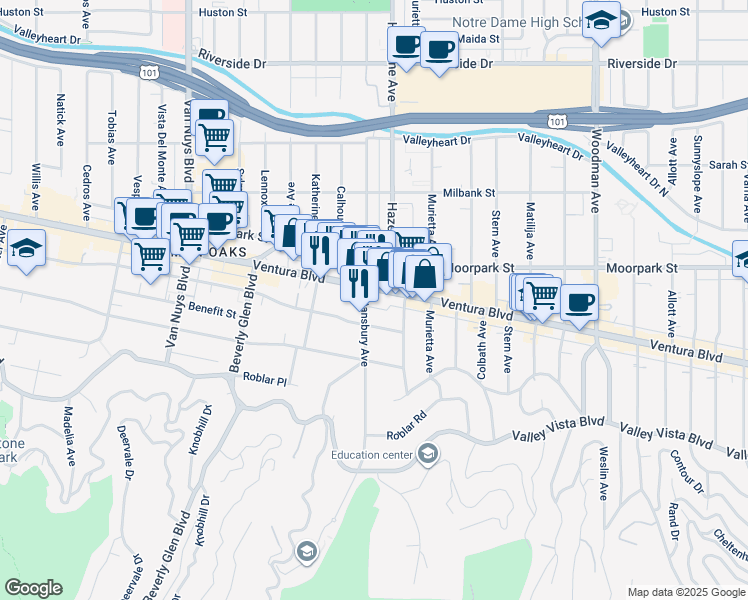 map of restaurants, bars, coffee shops, grocery stores, and more near 14120 Ventura Boulevard in Los Angeles