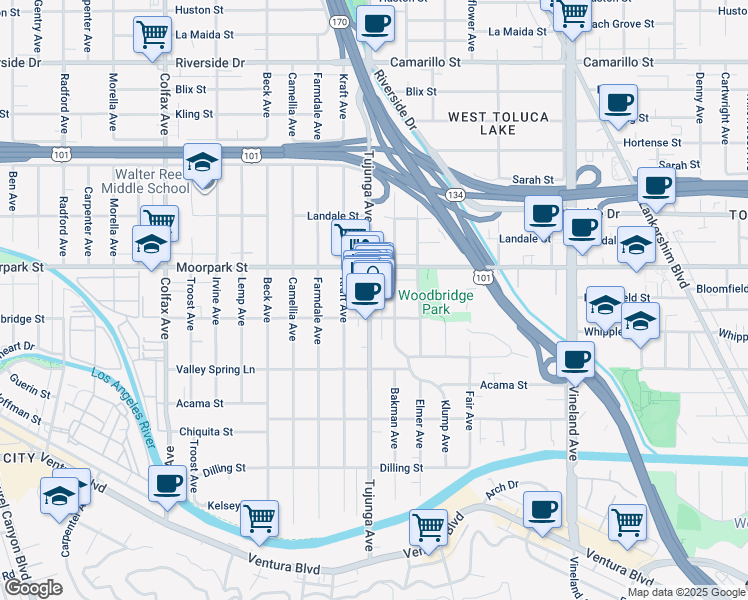 map of restaurants, bars, coffee shops, grocery stores, and more near 2 Tujunga Avenue in Los Angeles