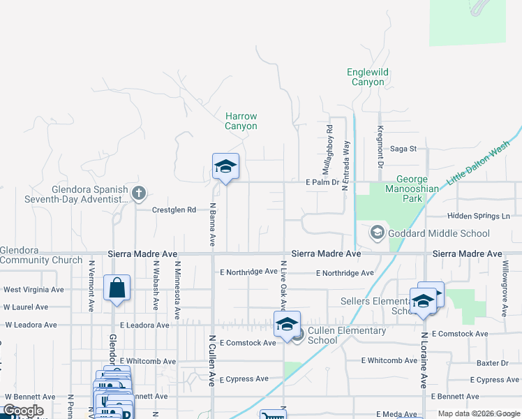 map of restaurants, bars, coffee shops, grocery stores, and more near 620 Crestglen Road in Glendora