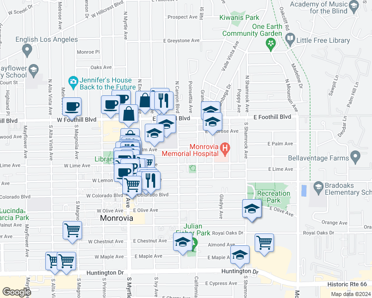 map of restaurants, bars, coffee shops, grocery stores, and more near 316 East Palm Avenue in Monrovia