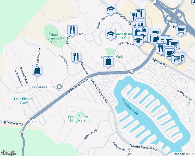 map of restaurants, bars, coffee shops, grocery stores, and more near 1240 South Westlake Boulevard in Westlake Village
