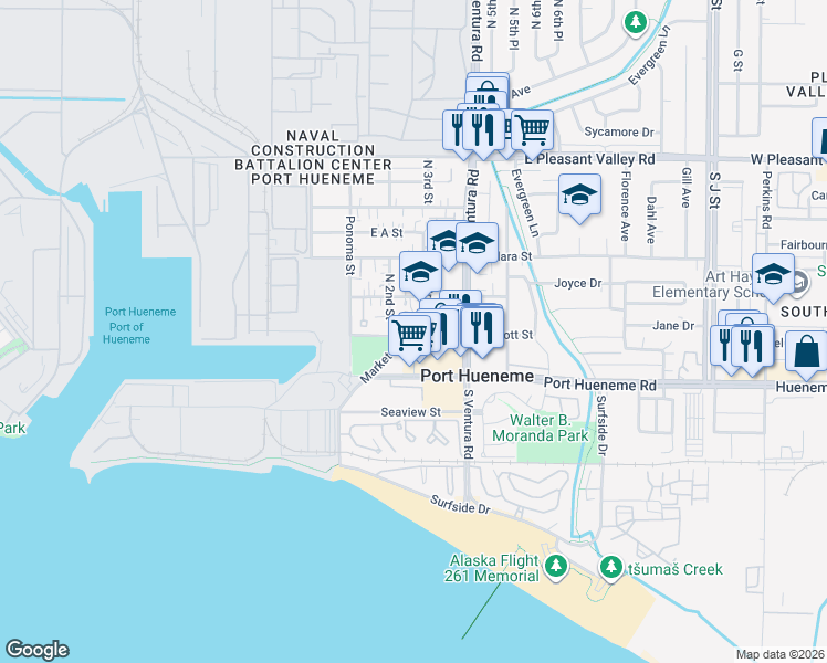 map of restaurants, bars, coffee shops, grocery stores, and more near 239 East Scott Street in Port Hueneme