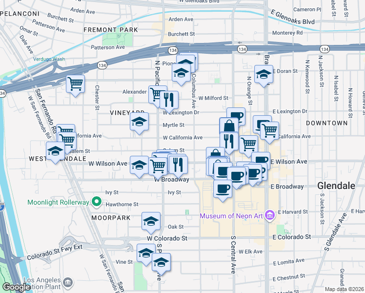 map of restaurants, bars, coffee shops, grocery stores, and more near 421 Salem Street in Glendale