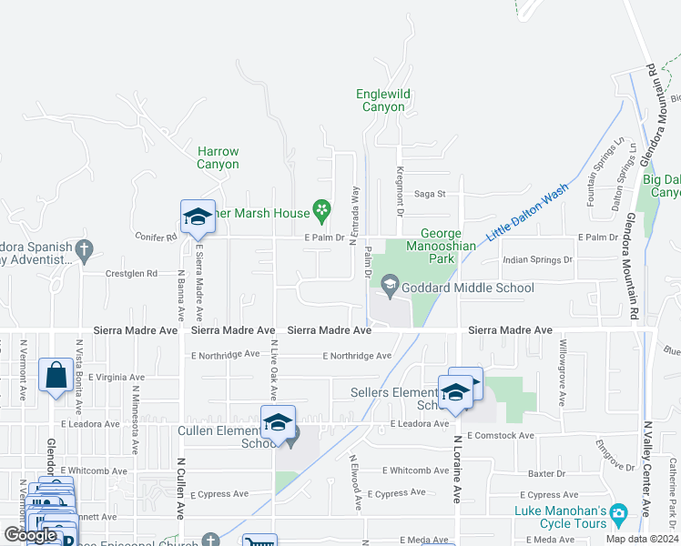 map of restaurants, bars, coffee shops, grocery stores, and more near 827 Prima Vera Road in Glendora