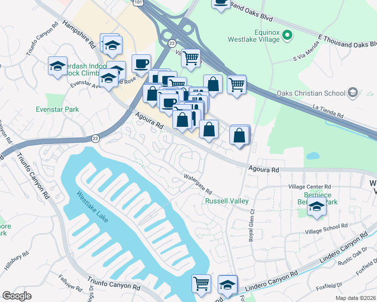 map of restaurants, bars, coffee shops, grocery stores, and more near 2885 Instone Court in Westlake Village