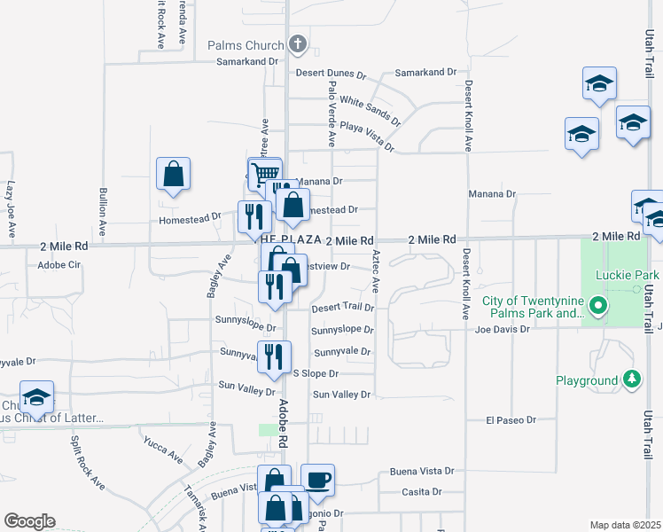 map of restaurants, bars, coffee shops, grocery stores, and more near Palo Verde Avenue in Twentynine Palms