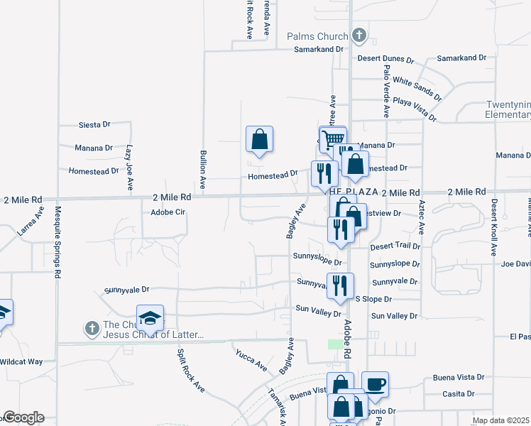 map of restaurants, bars, coffee shops, grocery stores, and more near 73482 Desert Trail Drive in Twentynine Palms