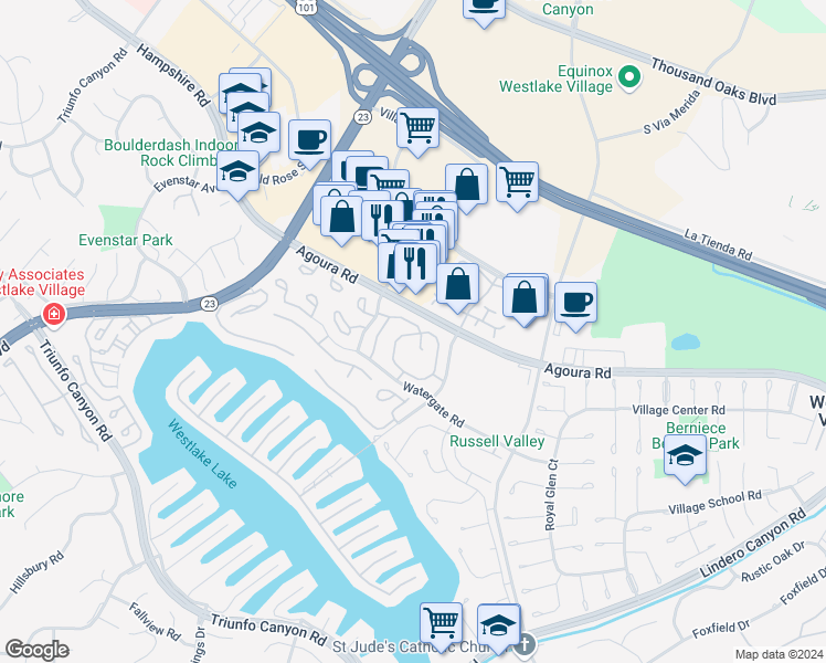 map of restaurants, bars, coffee shops, grocery stores, and more near 2869 Instone Court in Westlake Village