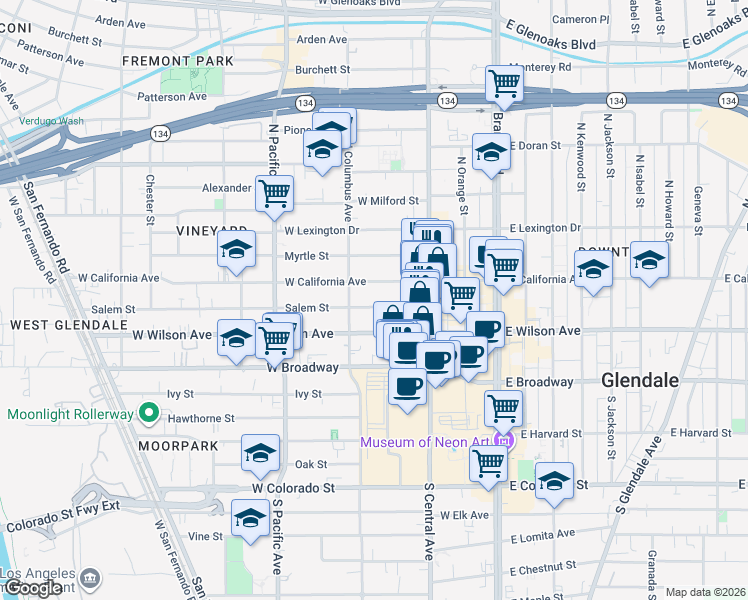 map of restaurants, bars, coffee shops, grocery stores, and more near 351 Salem Street in Glendale