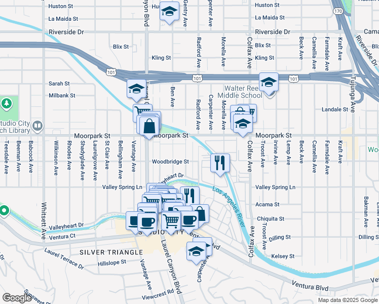 map of restaurants, bars, coffee shops, grocery stores, and more near 4322 Gentry Avenue in Los Angeles
