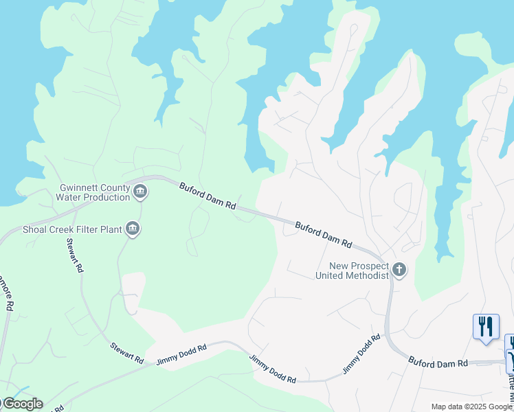 map of restaurants, bars, coffee shops, grocery stores, and more near 1892 Buford Dam Road in Buford