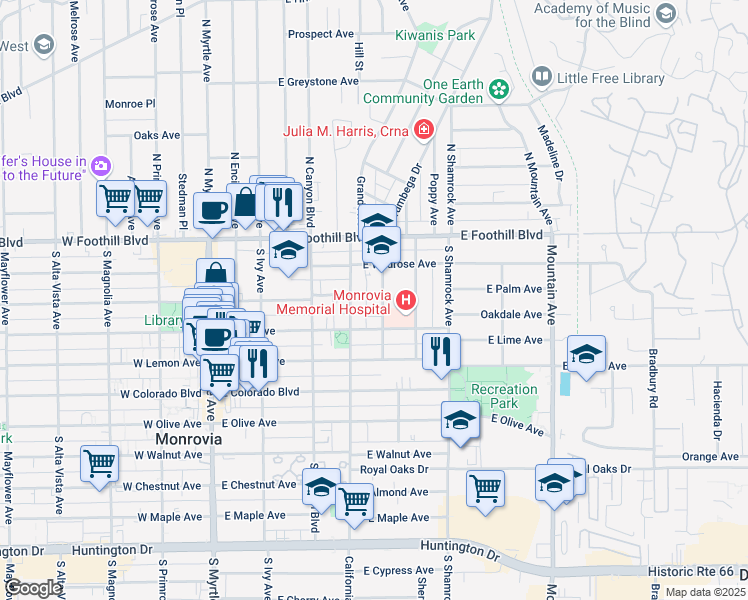 map of restaurants, bars, coffee shops, grocery stores, and more near 310 California Avenue in Monrovia