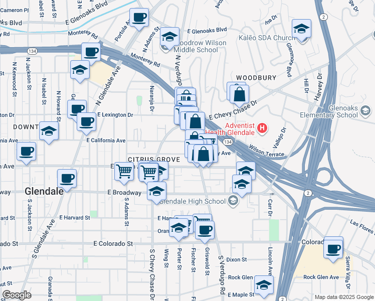 map of restaurants, bars, coffee shops, grocery stores, and more near 1319 Stanley Avenue in Glendale