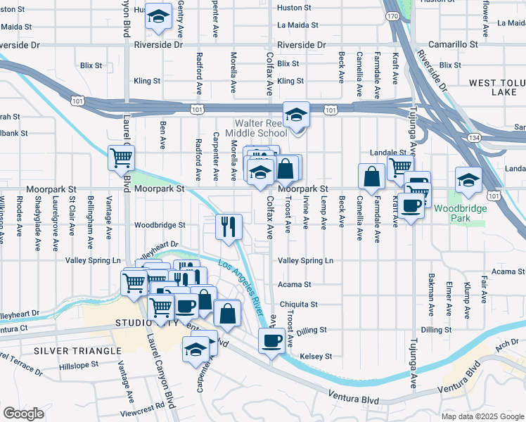 map of restaurants, bars, coffee shops, grocery stores, and more near 4353 Colfax Avenue in Los Angeles