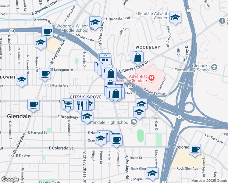 map of restaurants, bars, coffee shops, grocery stores, and more near 232 North Verdugo Road in Glendale
