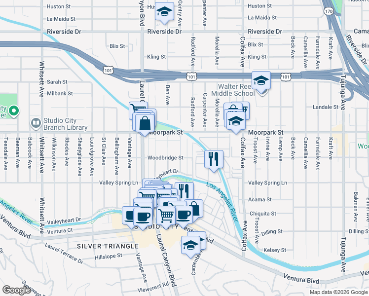 map of restaurants, bars, coffee shops, grocery stores, and more near 4322 Gentry Avenue in Los Angeles